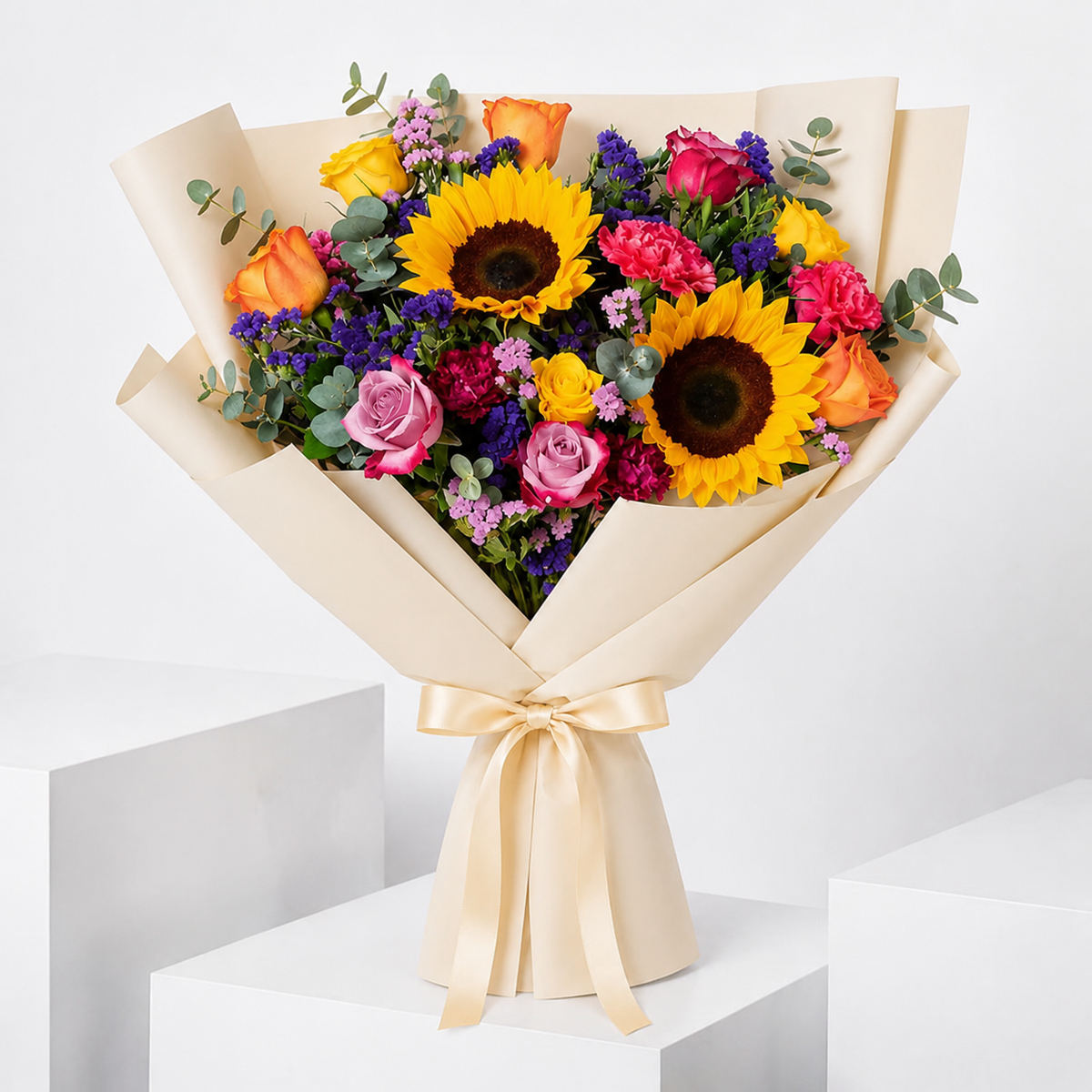 Sunflower mixed bouquet with roses and seasonal flowers
