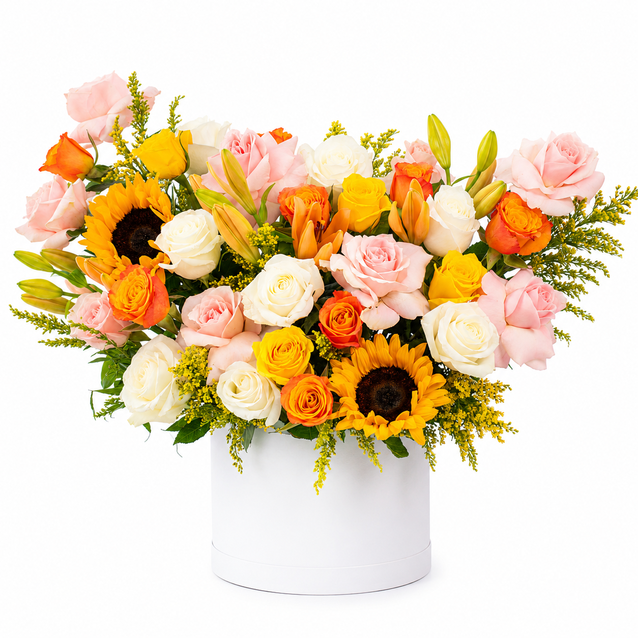 Colorful flower arrangement with sunflowers and roses in a white flowerbox kuwait flower delivery to your door step.