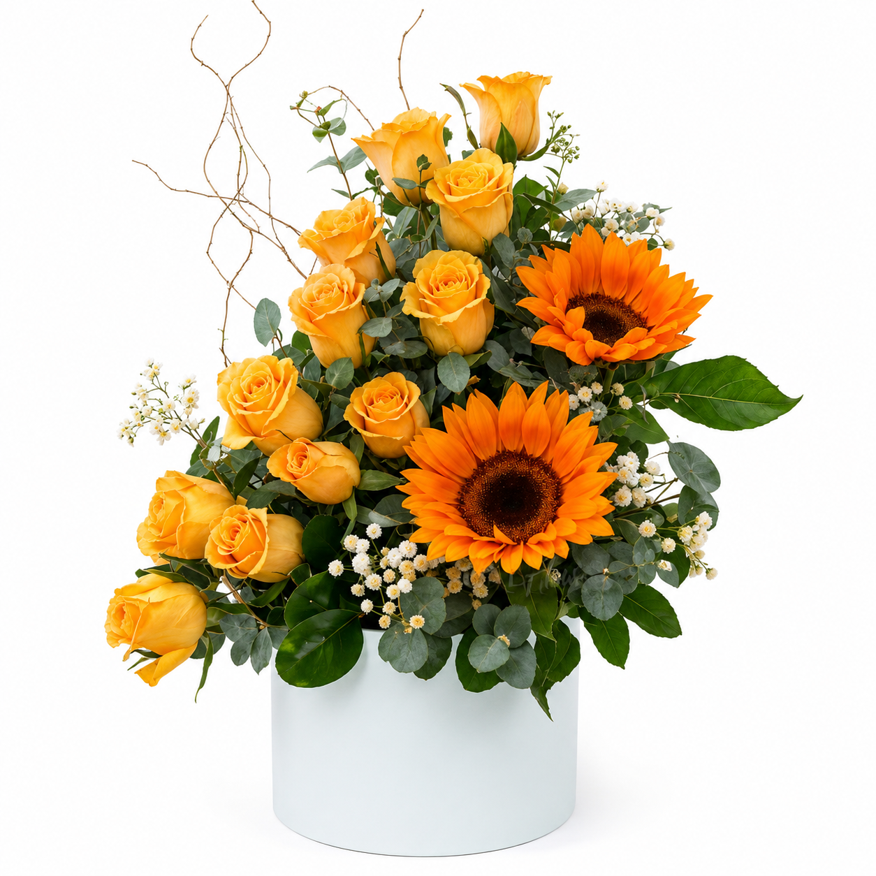 Sunflower and Yellow Rose Flower Box with fresh blooms in a luxury white flower box for same-day flower delivery in Kuwait.