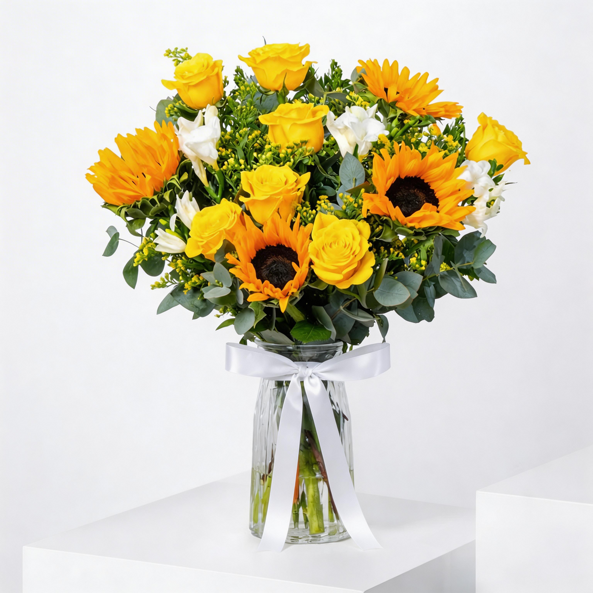 Sunflower and yellow rose vase with white roses in Kuwait