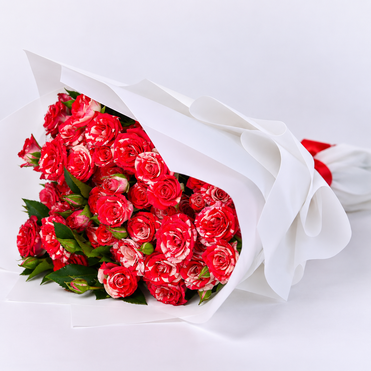 10 Tiger Baby Roses Bouquet with red and white patterned petals