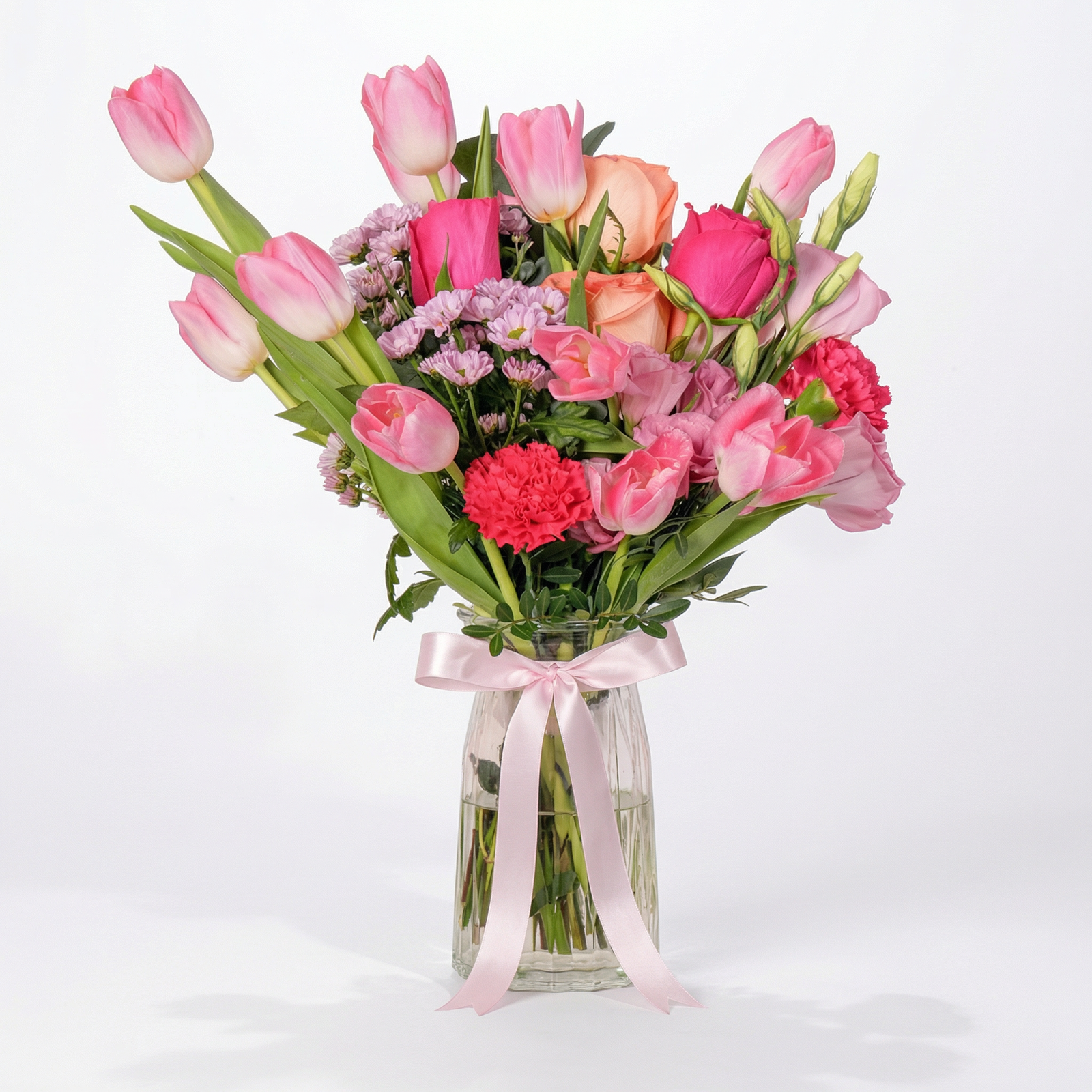 Radiant Spring Tulips & Mixed Blooms in Glass Vase