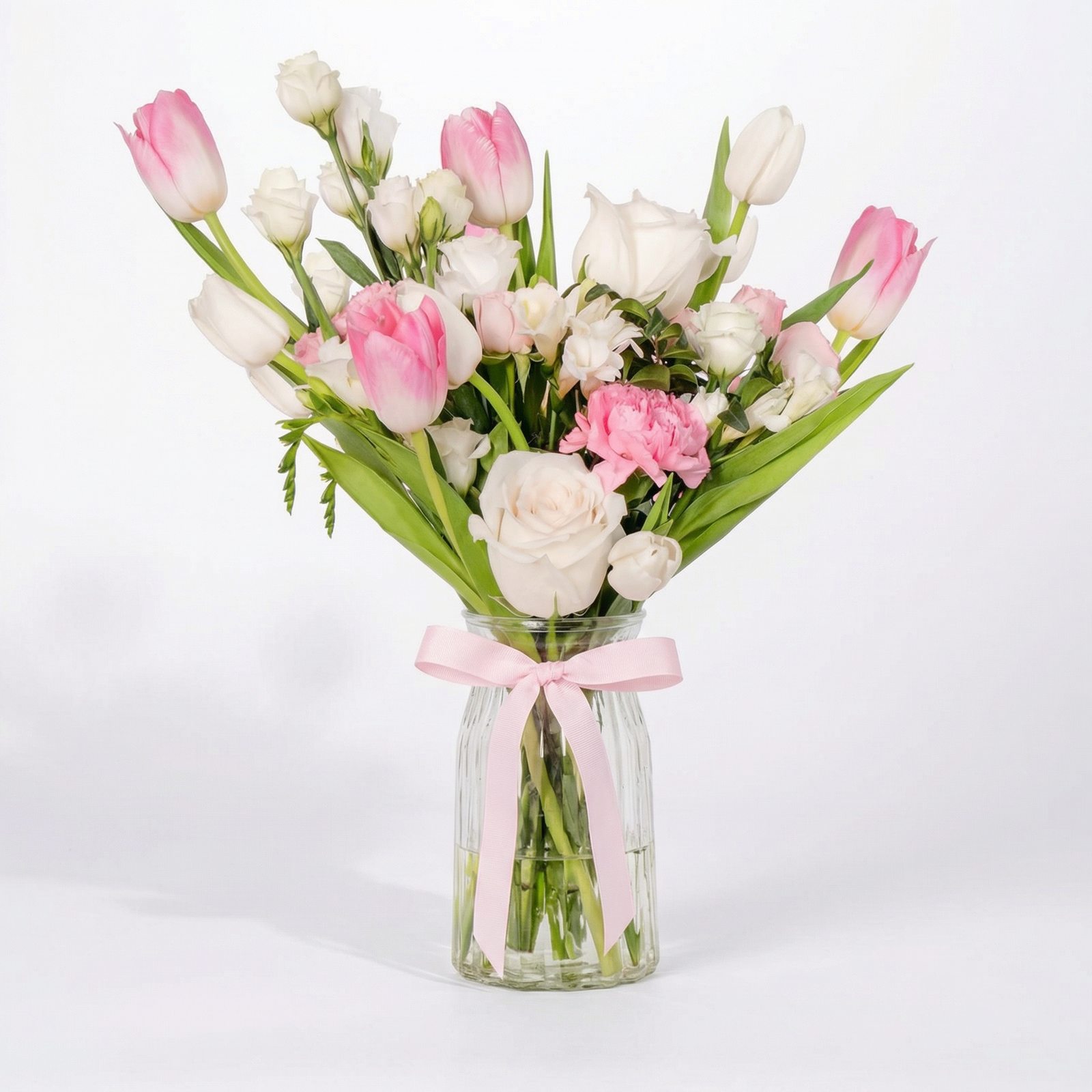 Blush Bloom Pastel Floral Arrangement in Glass Vase