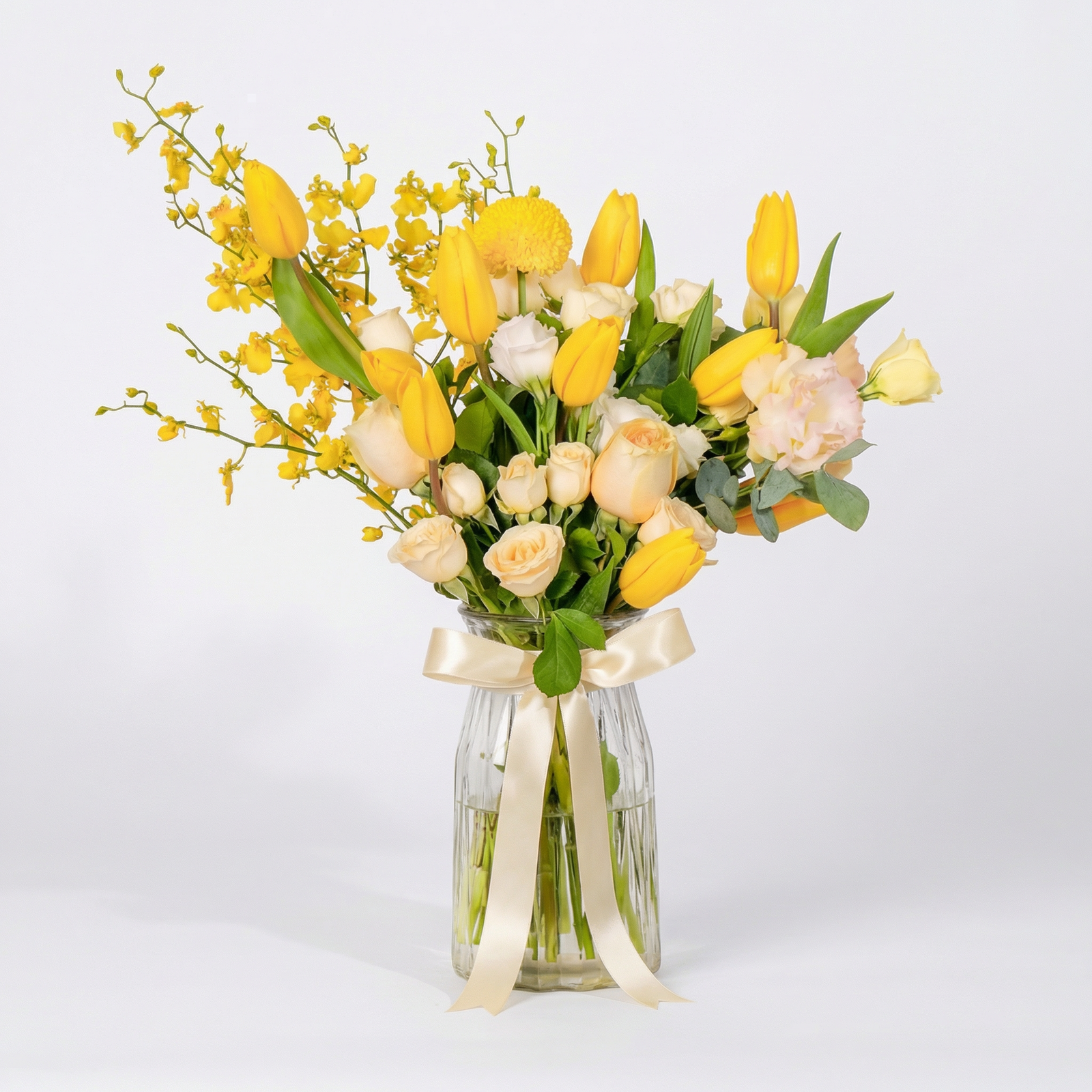 Golden Morning Tulip Arrangement in Glass Vase