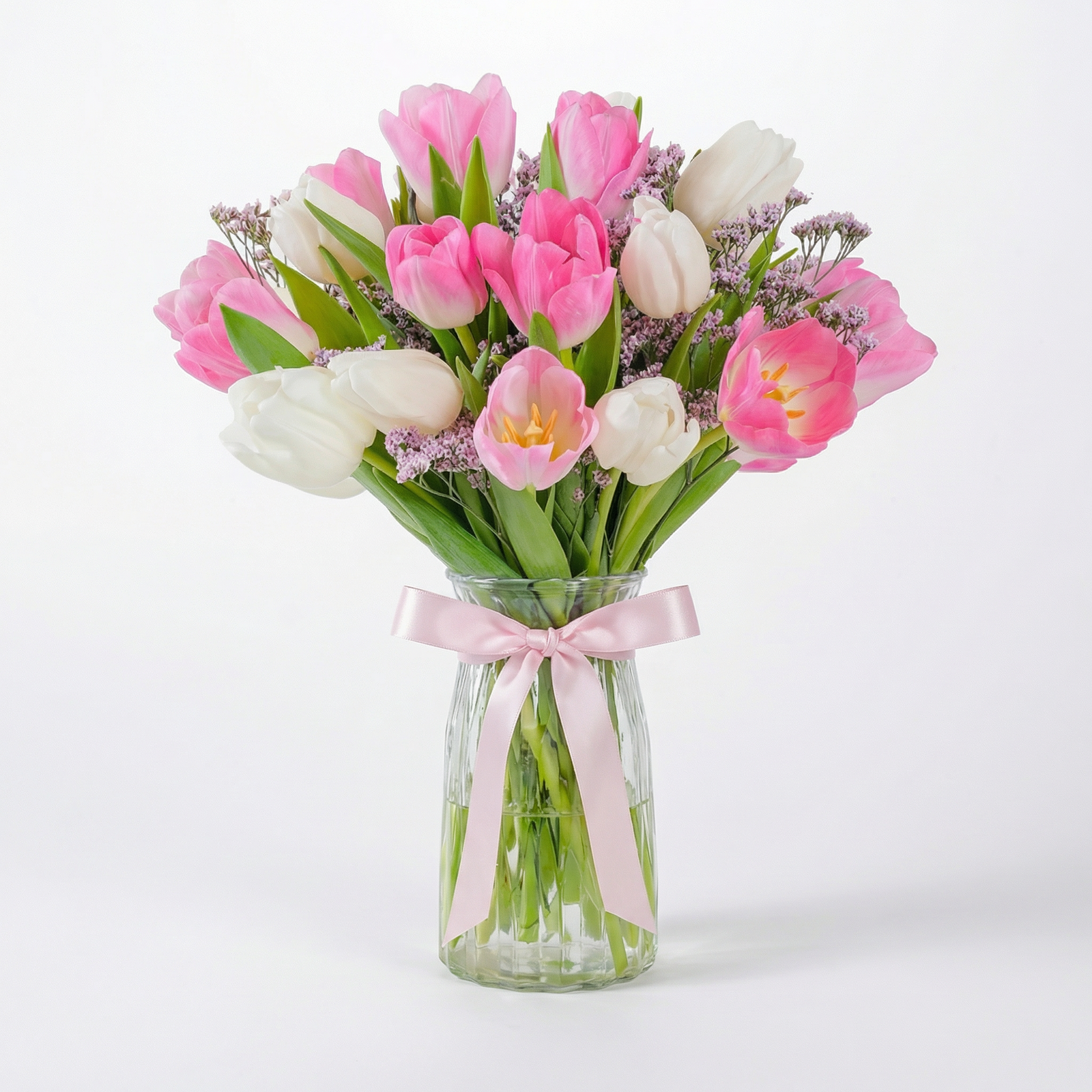 Elegant Pink & White Tulip Arrangement in Decorative Vase