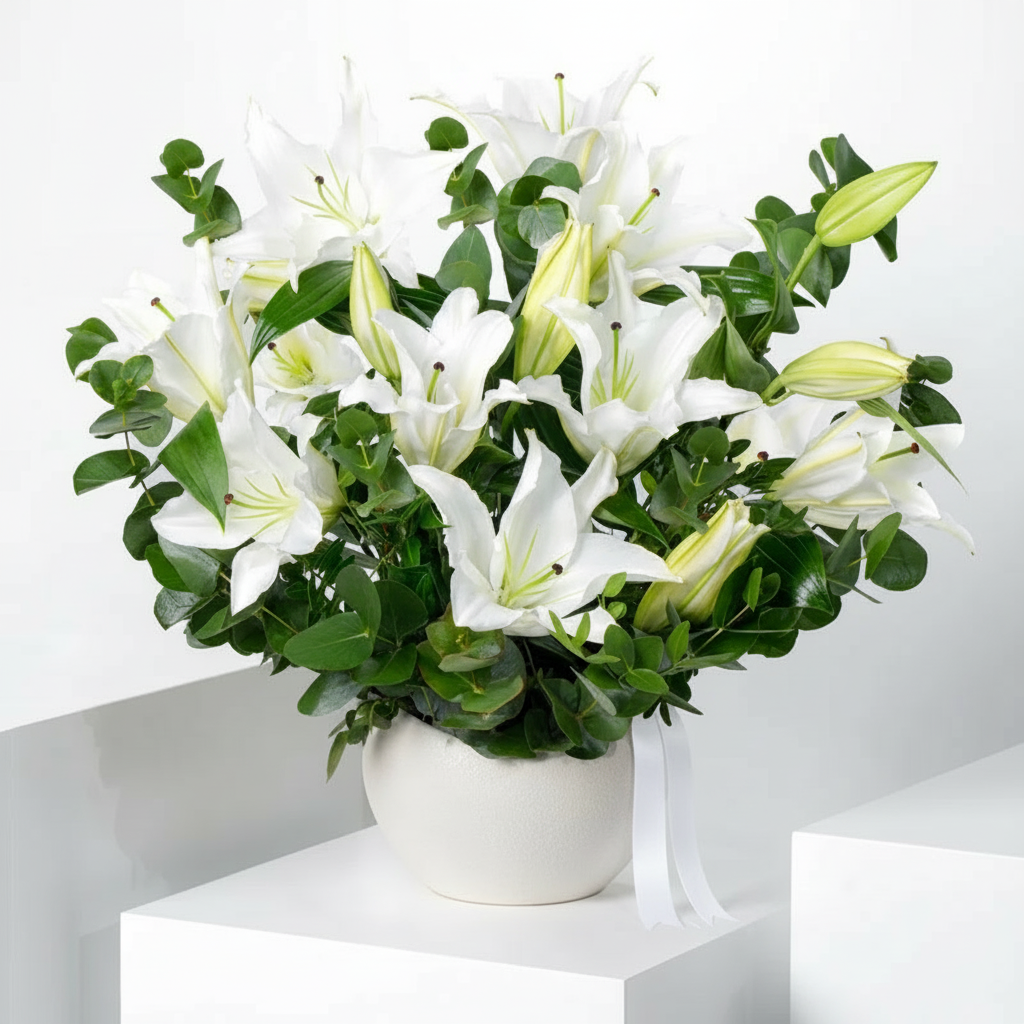 Elegant White Lily & Eucalyptus Floral Arrangement