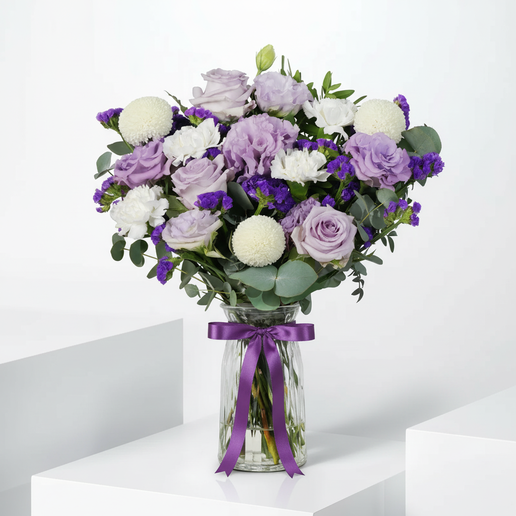 Lilac Bloom Floral Arrangement in Glass Vase