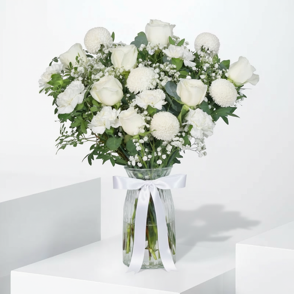 Elegant Ivory Floral Arrangement in Glass Vase