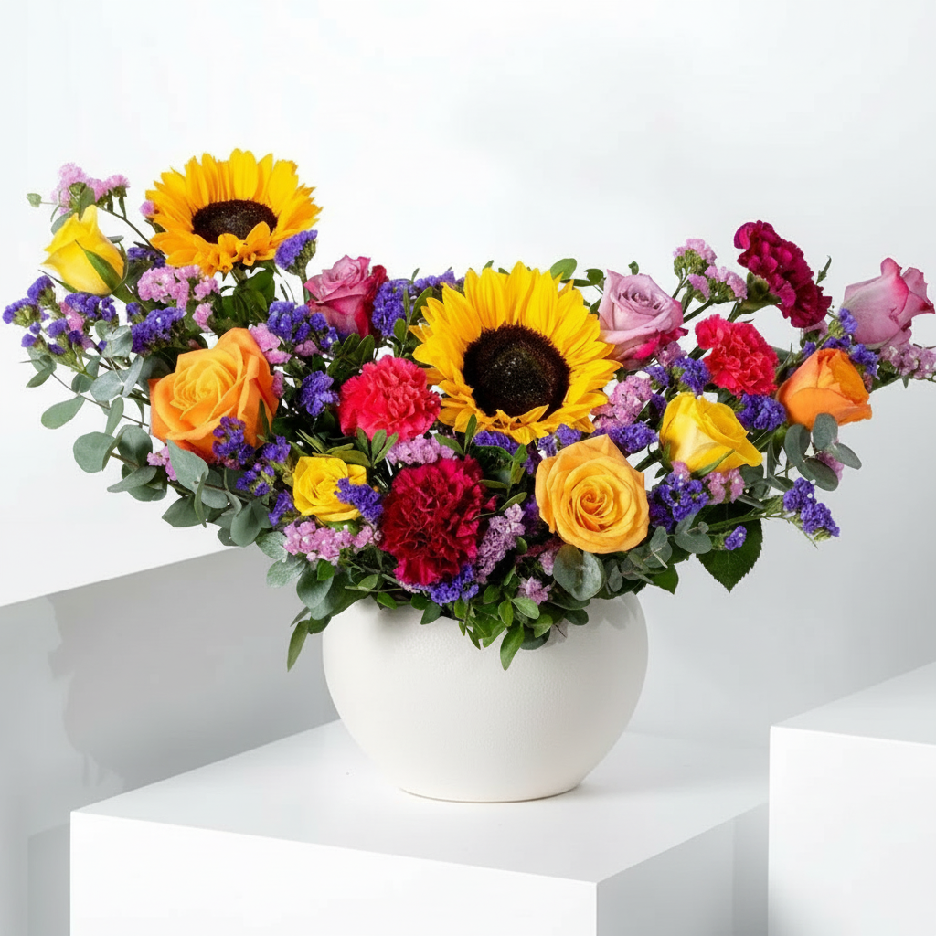 Golden Sunburst Floral Arrangement in Contemporary Vase
