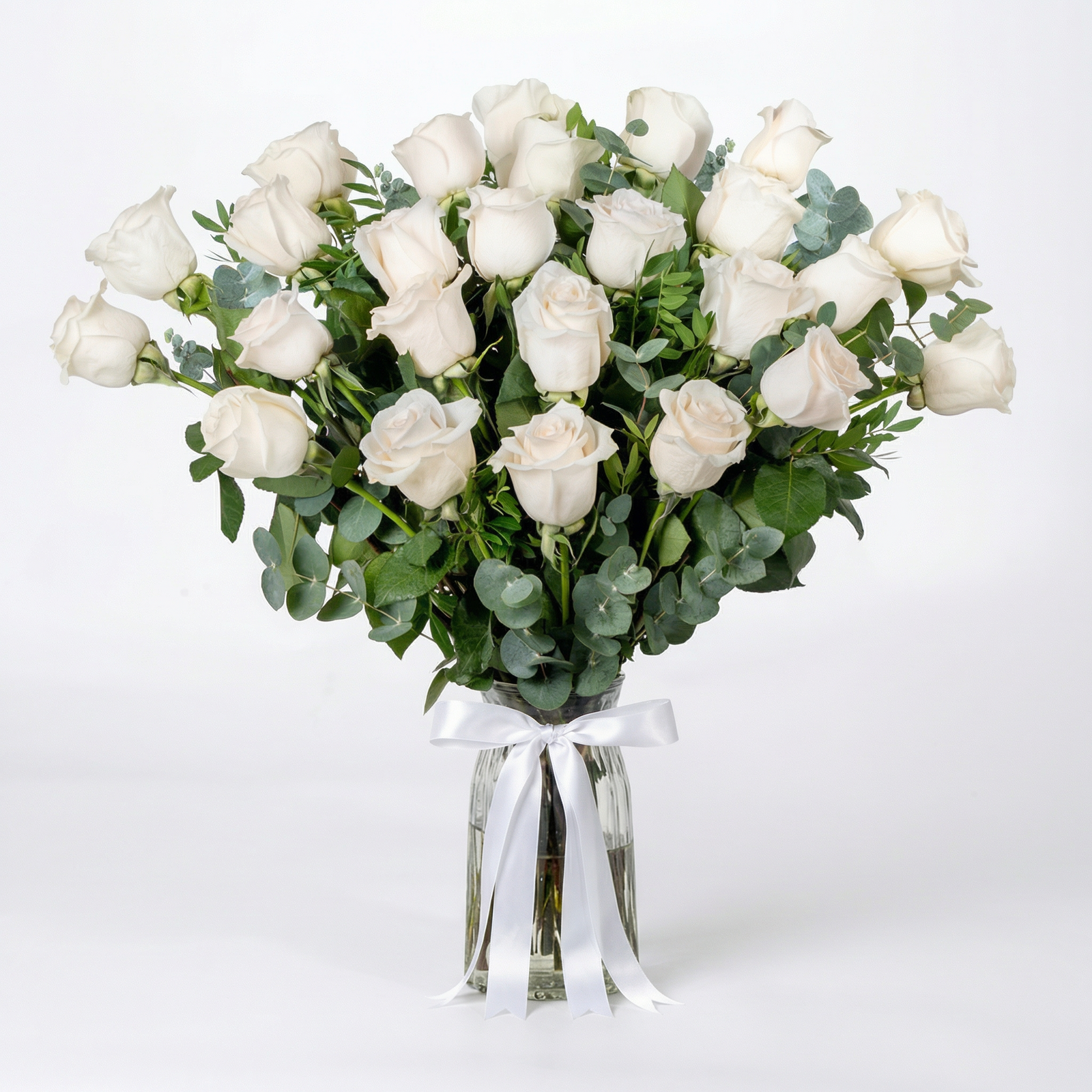 Elegant Arrangement of 25 White Roses in Glass Vase