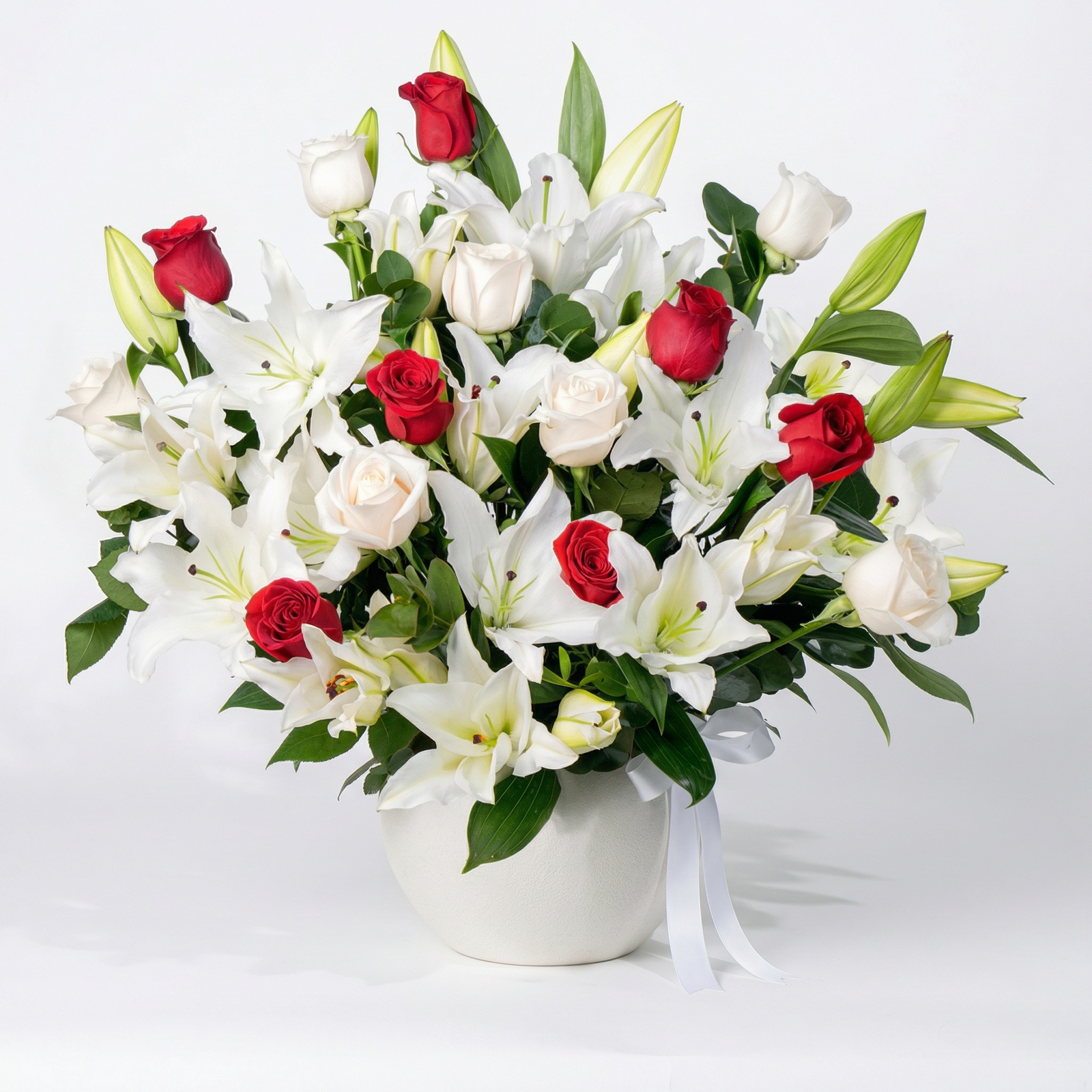 Elegant Ivory Lily & Rose Arrangement in Classic Vase