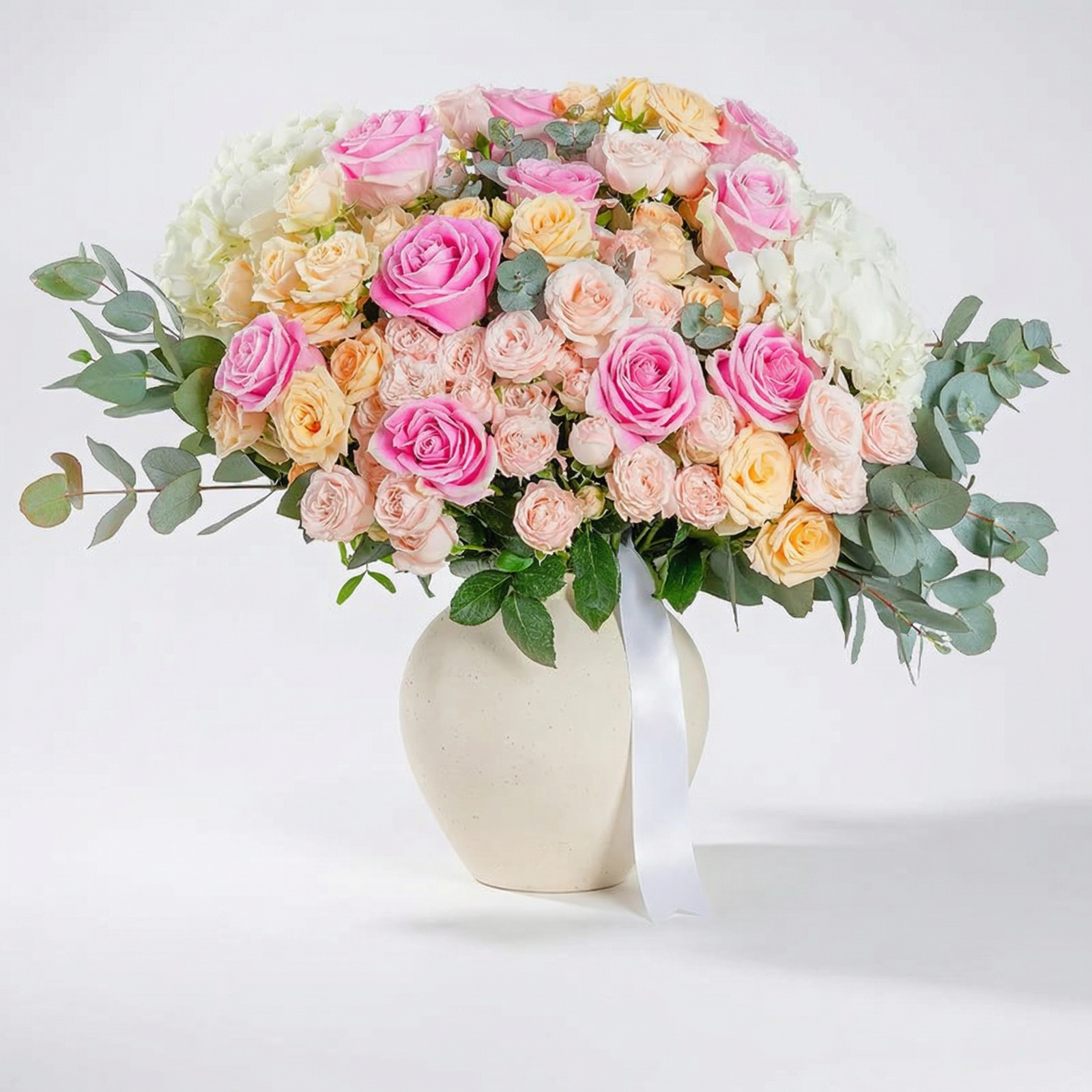 Blush & Ivory Rose Arrangement in White Vase