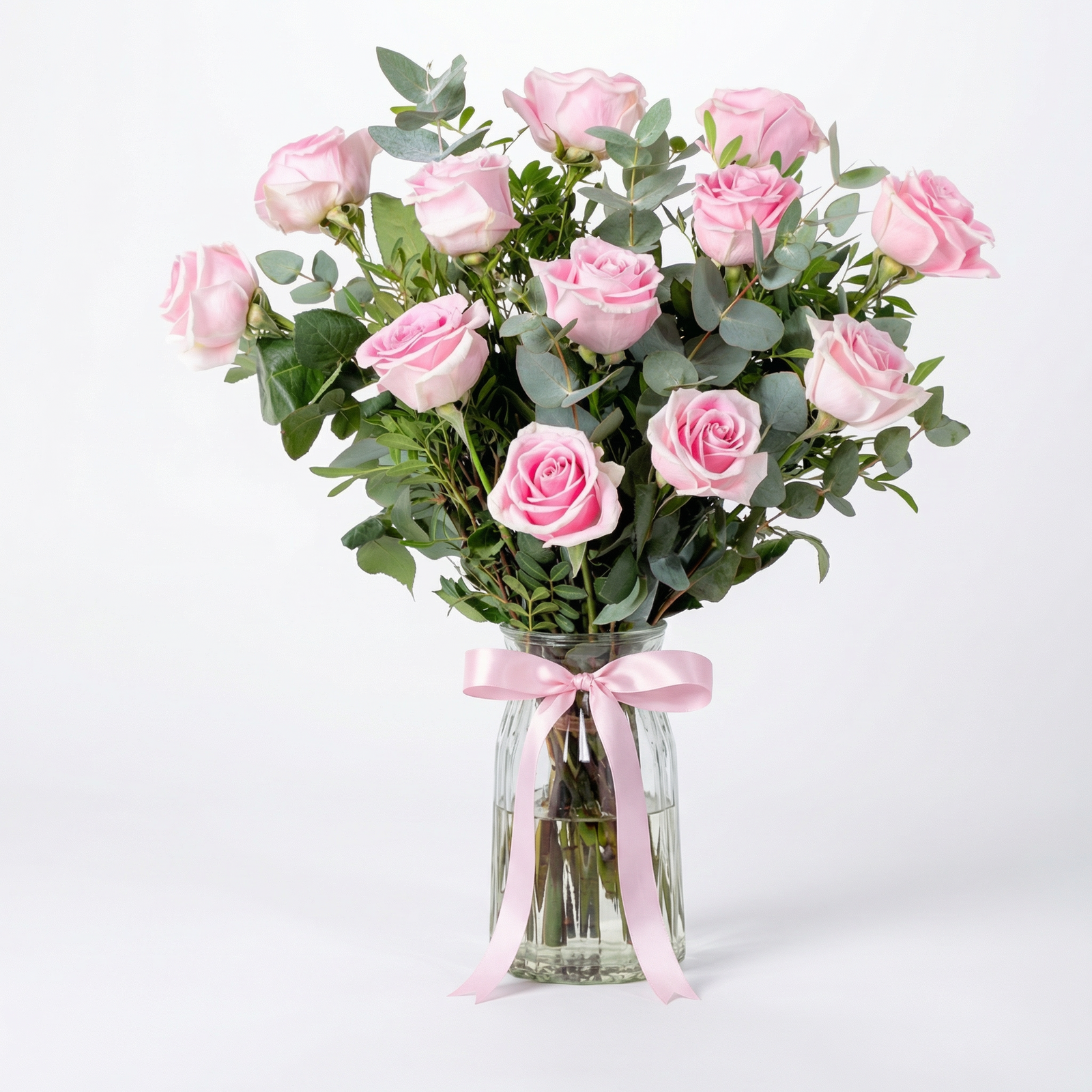 Elegant Dozen Blush Roses in Glass Vase
