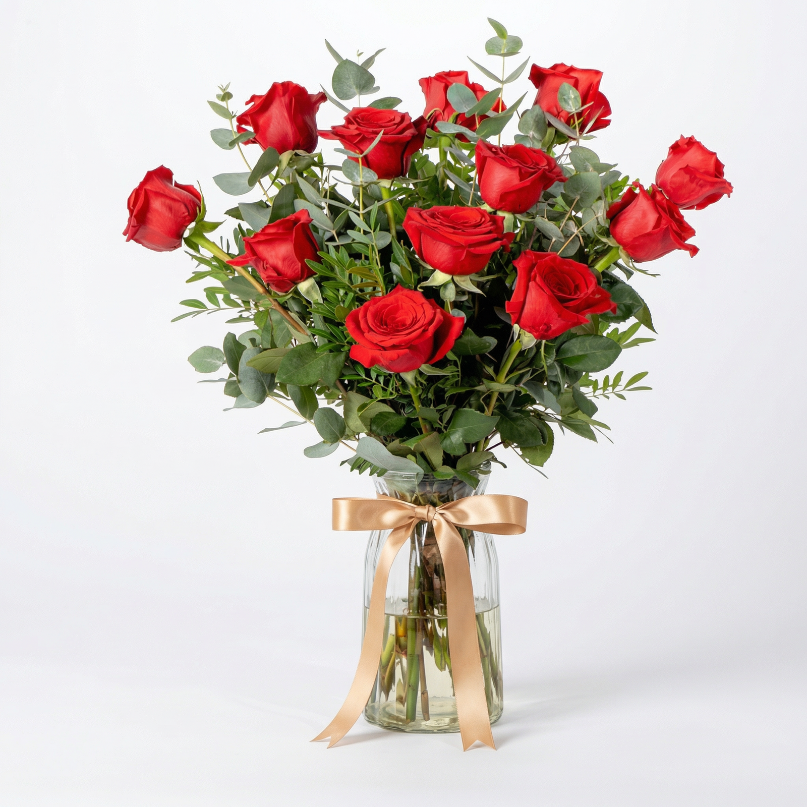 Luxury Dozen Crimson Rose Vase Arrangement with Fresh Greenery