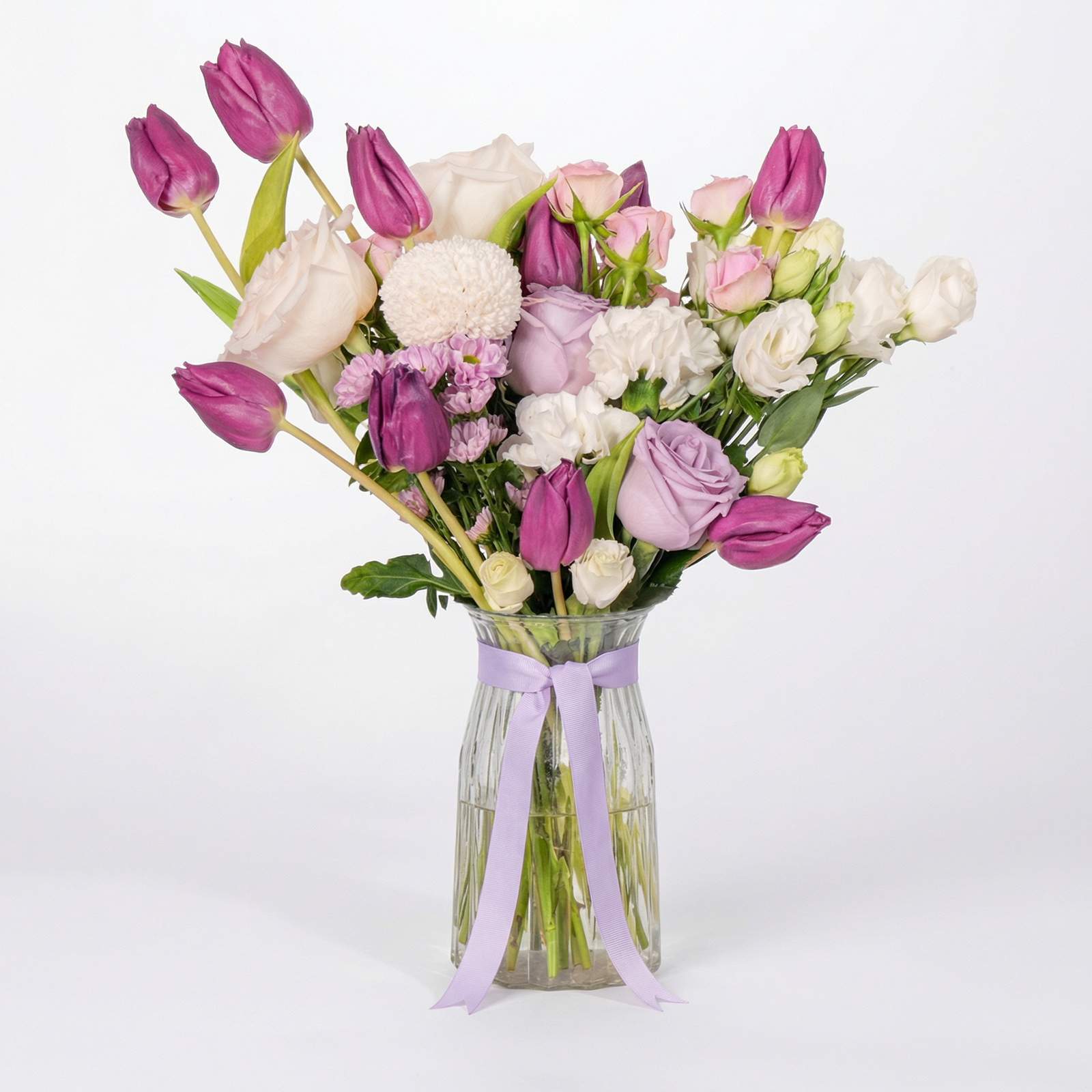 Elegant Lilac & Ivory Floral Arrangement in Glass Vase