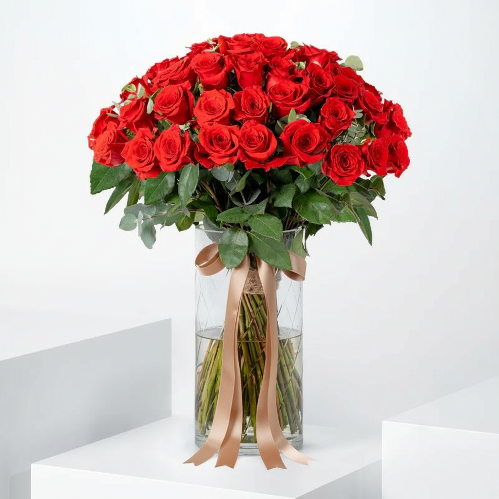 Elegant 50 Crimson Rose Vase Arrangement with Fresh Greenery