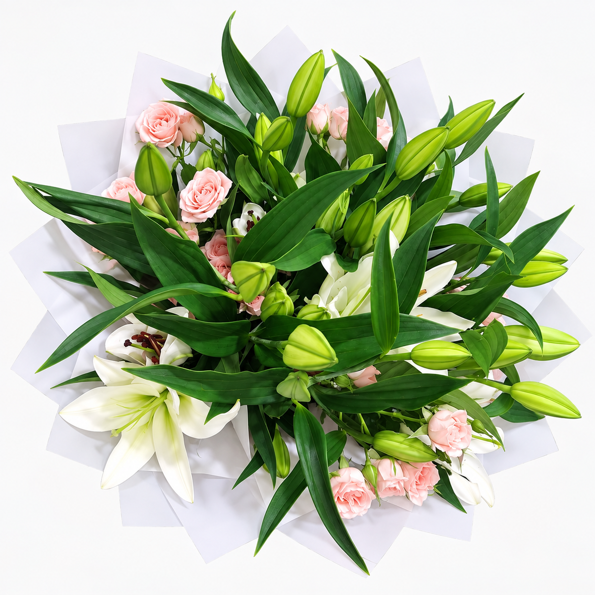 White lilies and peach baby roses bouquet with fresh greenery