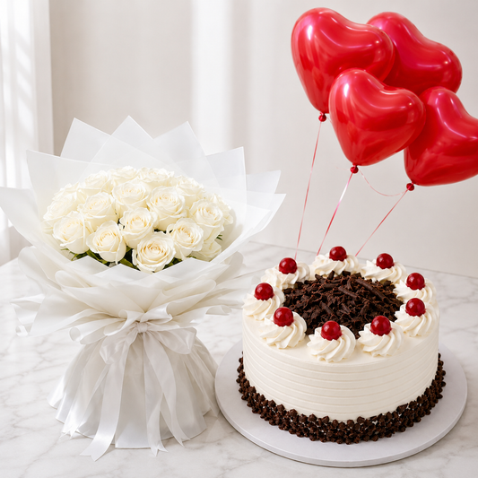 25 white roses bouquet with Black Forest cake and 4 red heart helium balloons. Same-day delivery in Kuwait.