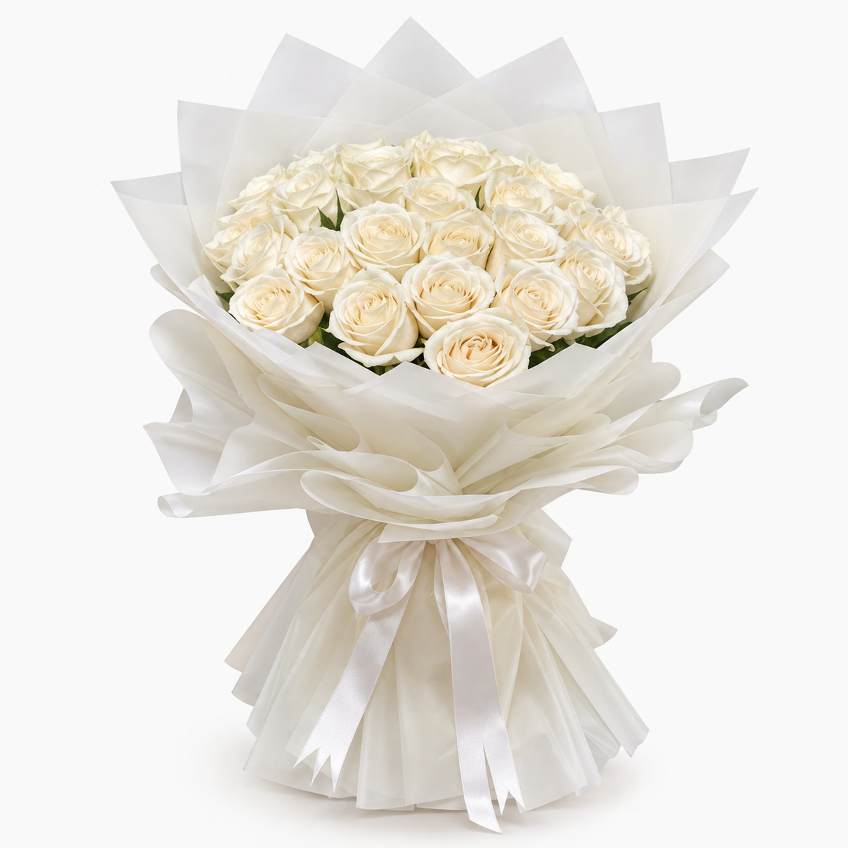 White roses bouquet with 25 fresh roses, beautiful white wrapping and satin ribbon in Kuwait