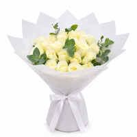 25 white roses flower bouquet with eucalyptus, white wrapping and same-day flower delivery in Kuwait.