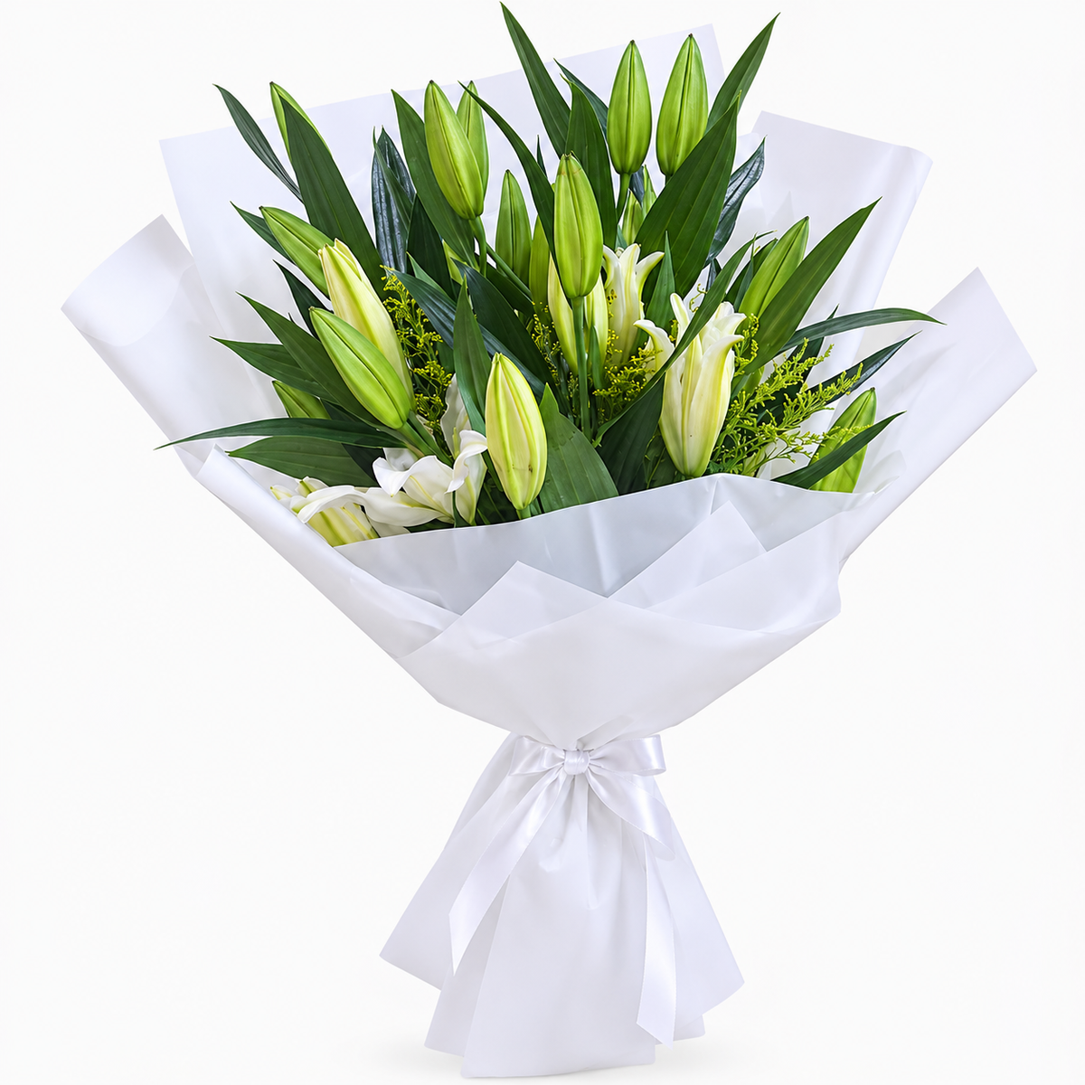 7 fresh white lilies bouquet with solidago and luxury white wrapping