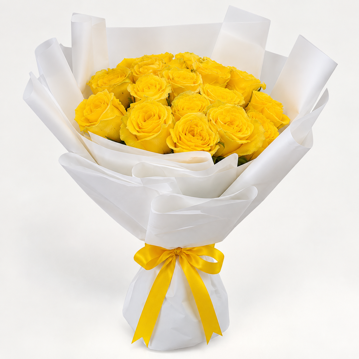 Yellow roses bouquet with 25 fresh yellow roses and white wrapping in Kuwait